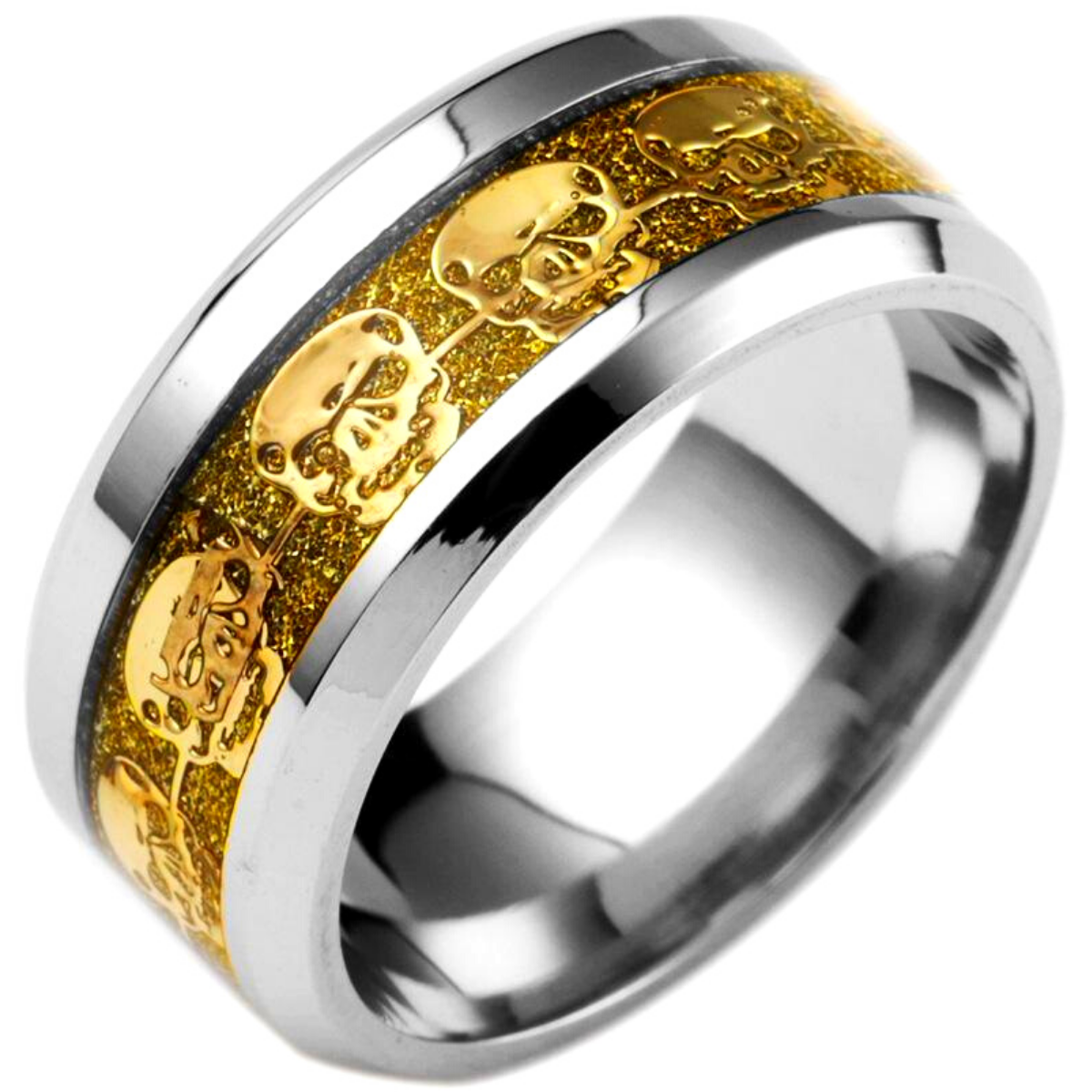 Skull Band Ring Stainless Steel, 0.3 in/8 mm, w/ Yellow Gold Color Skulls Eternity Inlay, Silver/Gold - American Legend Rider