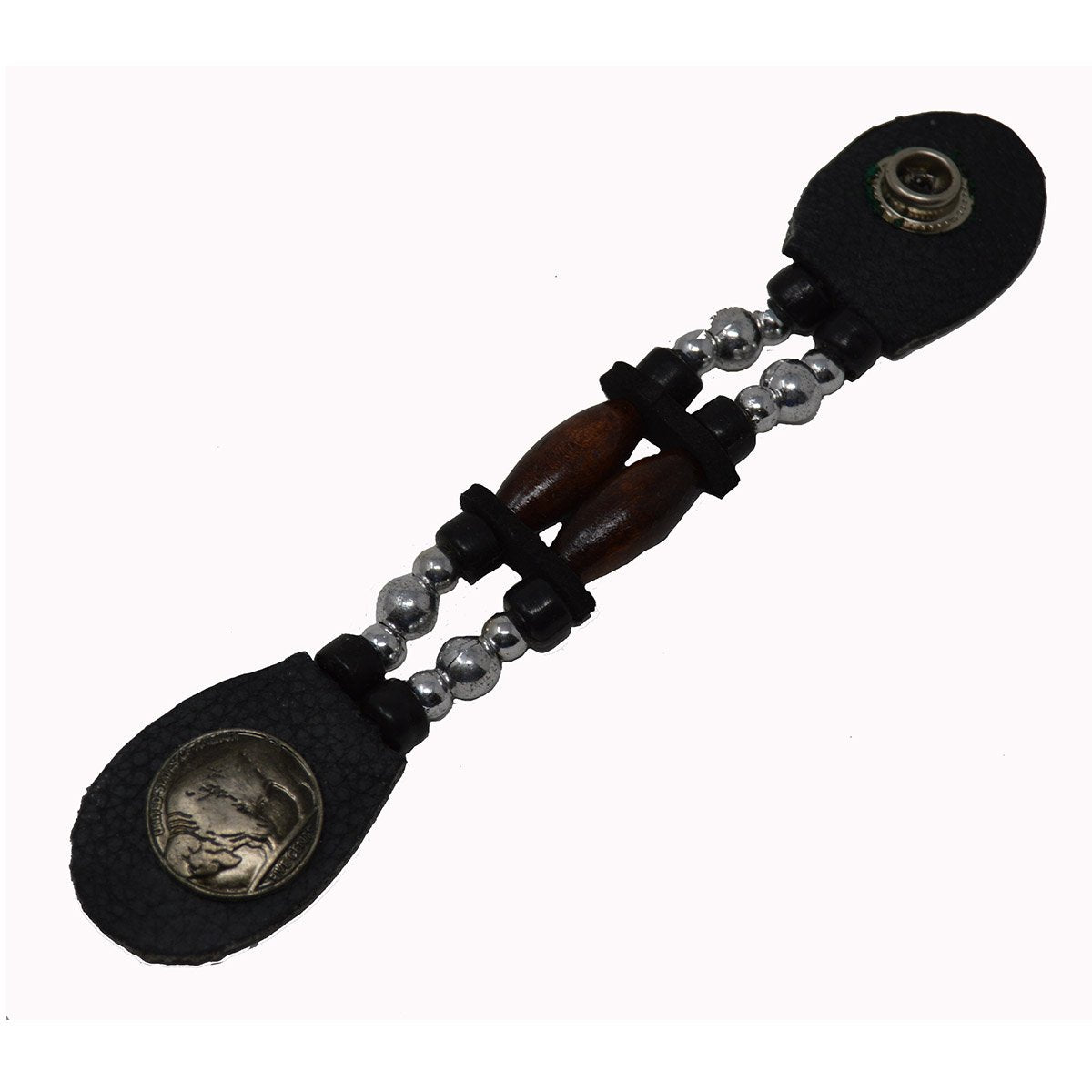 A Vance Leather Brown Bead Buffalo Nickel Vest Extender with a silver bead on it.