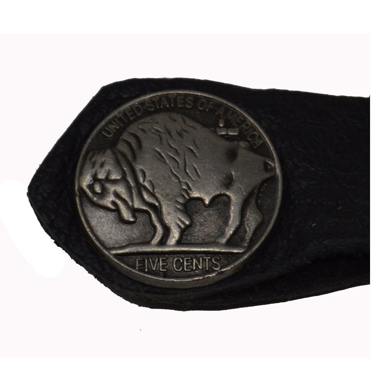 A black leather belt with a Vance Leather Brown Bead Buffalo Nickel Vest Extender on it.