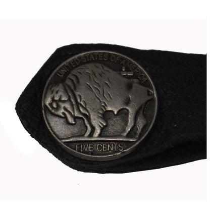 A black leather belt with a Vance Leather Brown Bead Buffalo Nickel Vest Extender on it.