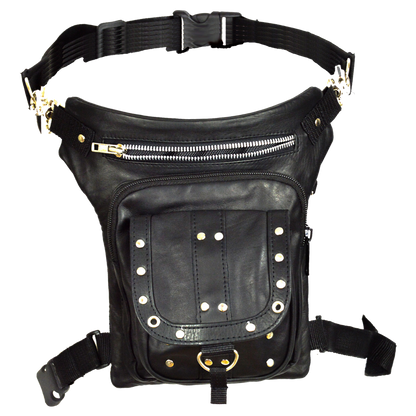 Vance Black Studded Carry Leather Thigh Bag with Waist Belt