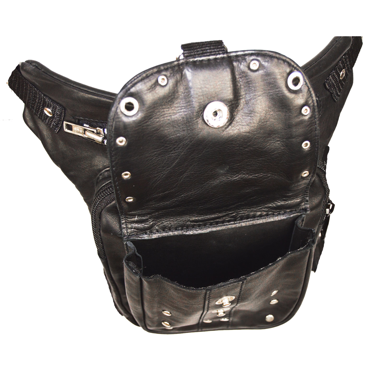 Vance Black Studded Carry Leather Thigh Bag with Waist Belt