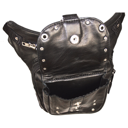 Vance Black Studded Carry Leather Thigh Bag with Waist Belt