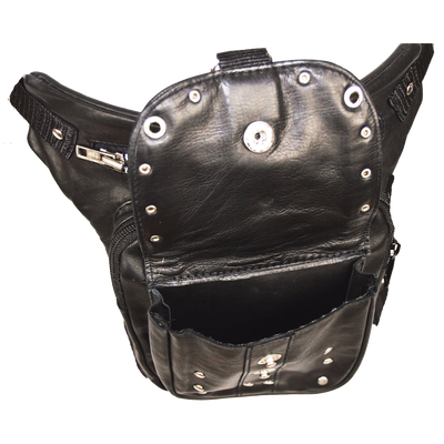Vance Black Studded Carry Leather Thigh Bag with Waist Belt