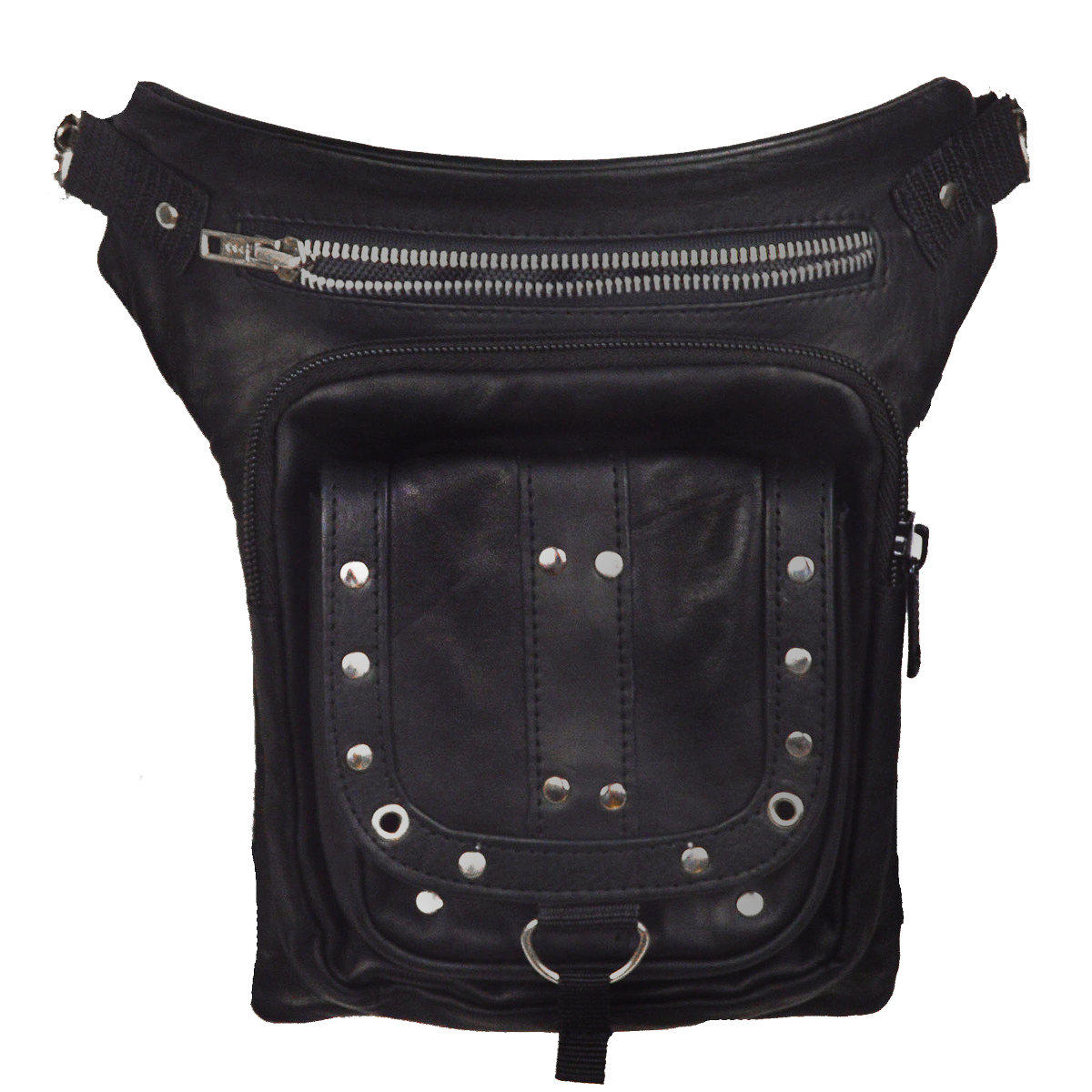 Vance Black Studded Carry Leather Thigh Bag with Waist Belt