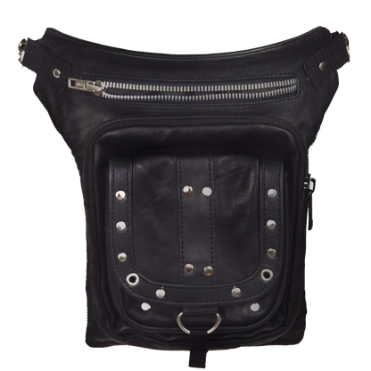 Vance Black Studded Carry Leather Thigh Bag with Waist Belt