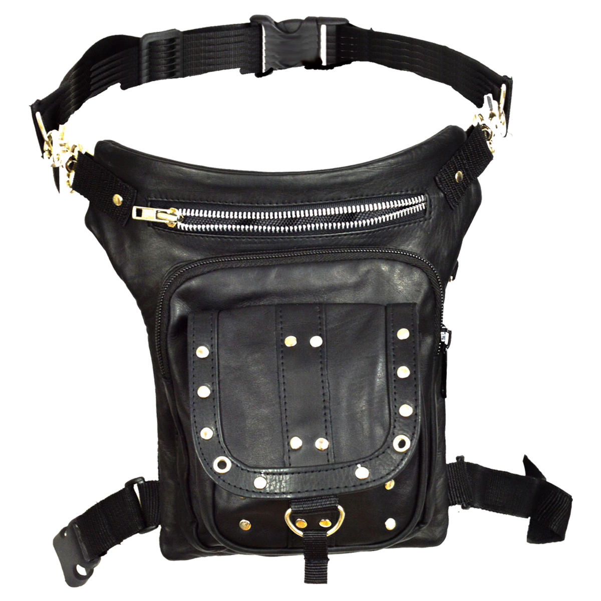 Vance Black Studded Carry Leather Thigh Bag with Waist Belt