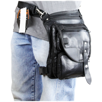 Vance Black Carry Leather Thigh Bag with Waist Belt and Concealed Gun Pocket