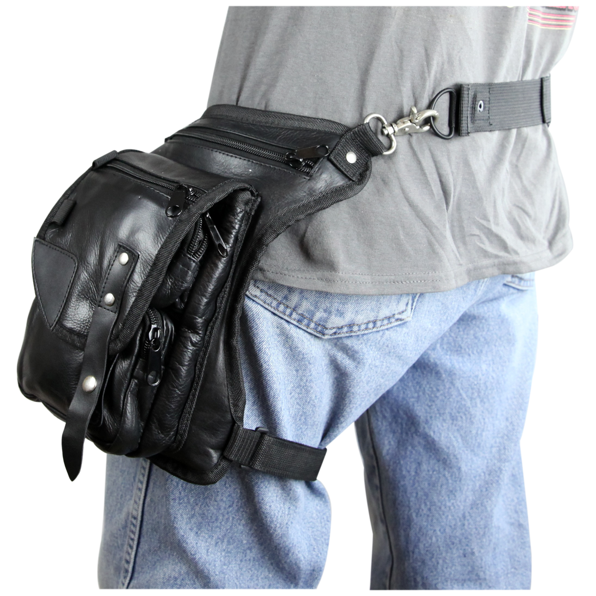 Vance Black Carry Leather Thigh Bag with Waist Belt and Concealed Gun Pocket