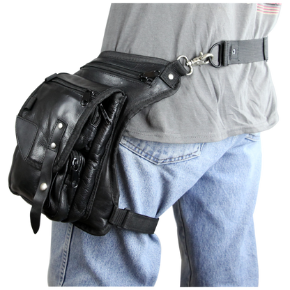 Vance Black Carry Leather Thigh Bag with Waist Belt and Concealed Gun Pocket