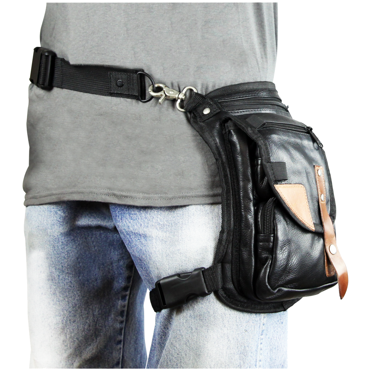 Vance Black Carry Thigh Bag with Brown Leather Trims & Concealed Gun Pocket