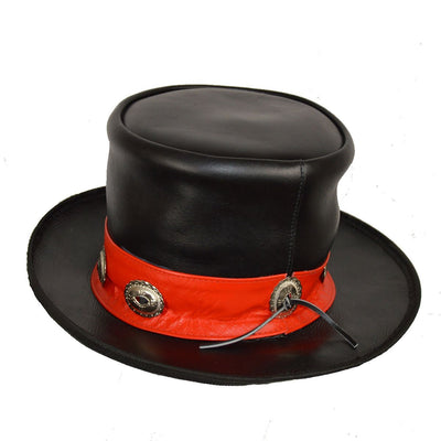 Vance Leather Men's Mad Hatter Top Hat with Red Stripe and Conchos