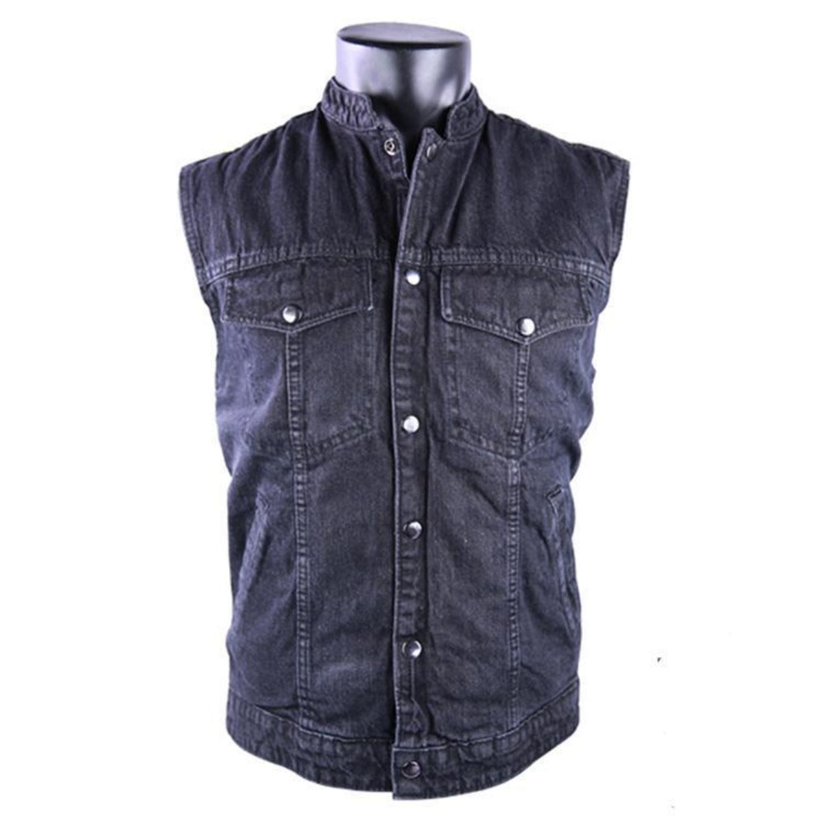 The Vance Leather Men's Denim Patch Holder Vest features a sleeveless design, front button closure, two chest flap pockets, a stand collar, and mesh lining. Displayed on a plain mannequin torso.