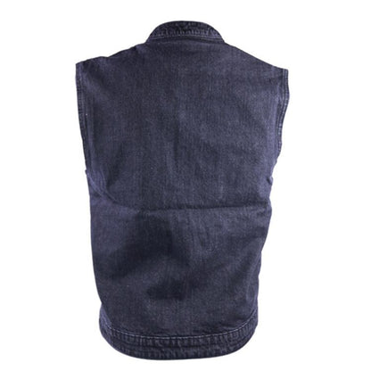 Back view of the Vance Leather Men's Denim Patch Holder Vest, featuring a sleeveless design, collar, visible seams, and dark blue denim construction.