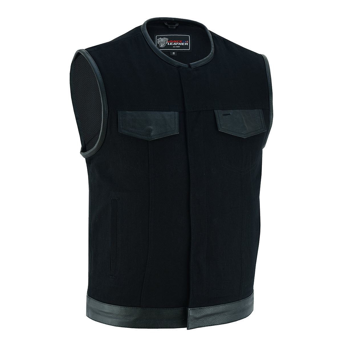 Vance Leather Black Denim Collarless Club Vest w/Leather Trims