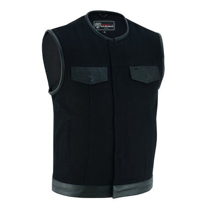 Vance Leather Black Denim Collarless Club Vest w/Leather Trims
