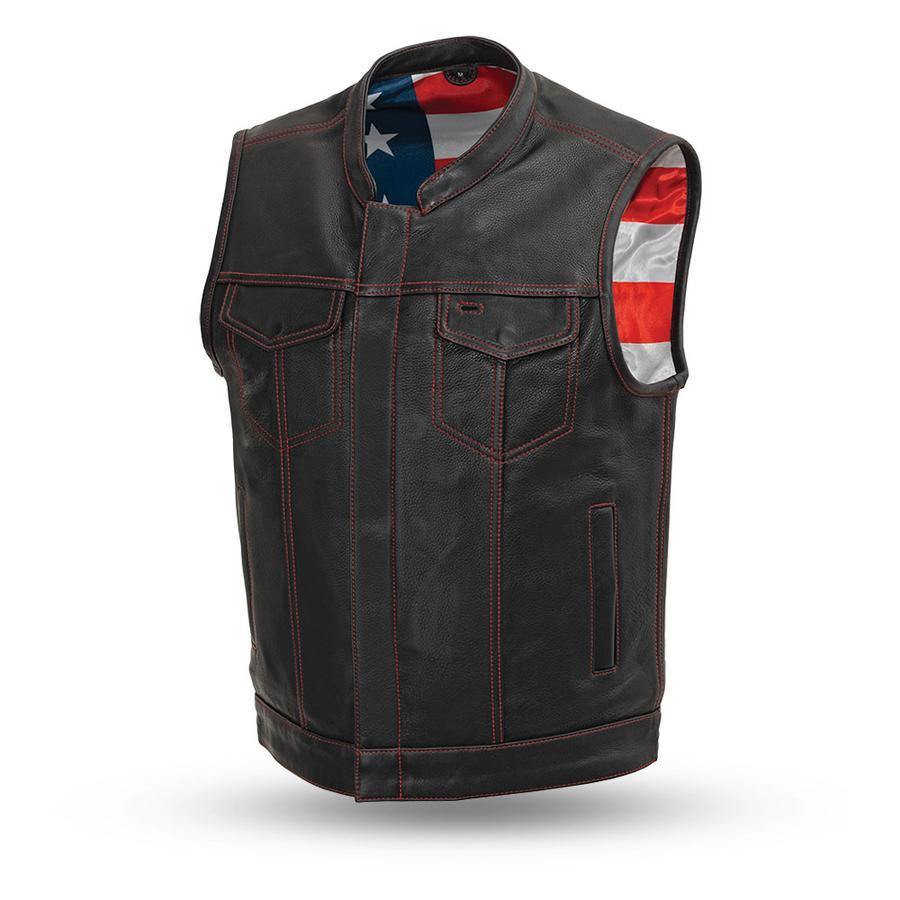 First Manufacturing Born Free Custom Motorcycle Leather Vest, Black w/ Red Stitch - American Legend Rider