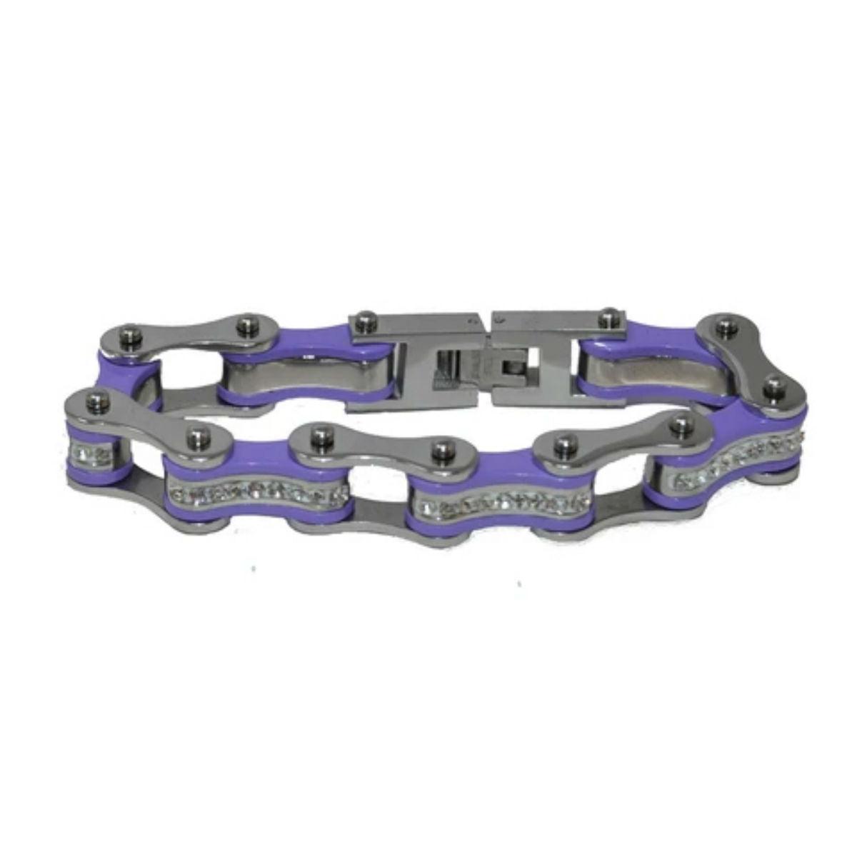 Daniel Smart Women's 316L Stainless Steel Bike Chain Bracelet w/ White Crystal Centers, Silver/Purple - American Legend Rider