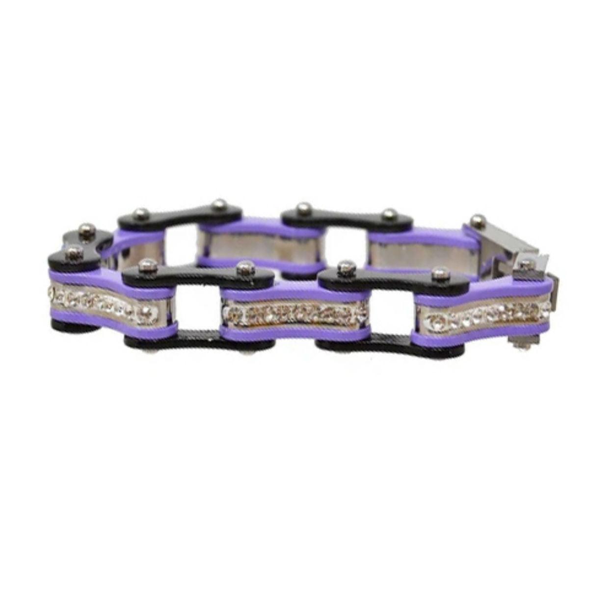 Daniel Smart Women's 316L Stainless Steel Bike Chain Bracelet w/ White Crystal Centers, Black/Purple - American Legend Rider
