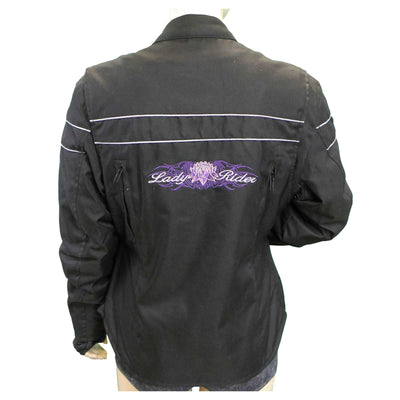 Vance Leather Textile Jacket with Reflective Piping and Lady Rider Embroidered on Back
