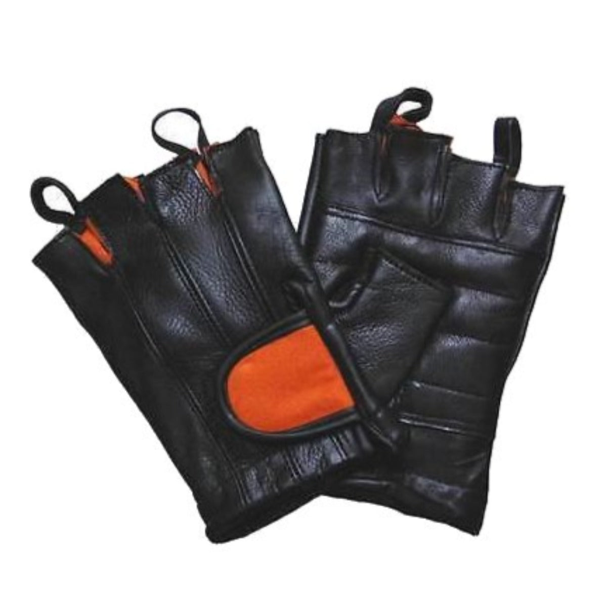 Vance Leather Black and Orange Padded Palm Fingerless Glove with Pull Tabs