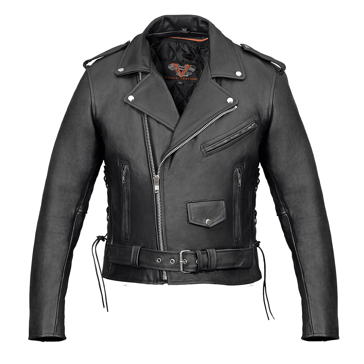 Vance Leather Men's Basic Classic Motorcycle Jacket with Lace Sides & Zip out Liner
