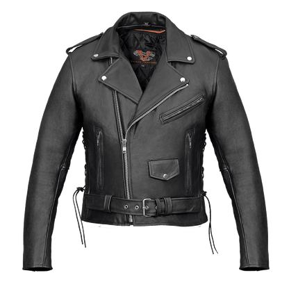 Vance Leather Men's Basic Classic Motorcycle Jacket with Lace Sides & Zip out Liner
