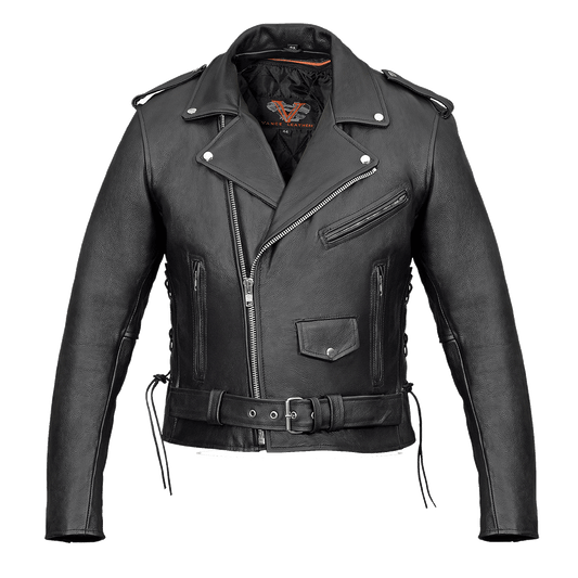 Vance Leather Men's Basic Classic Motorcycle Jacket with Lace Sides & Zip out Liner