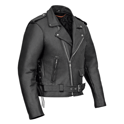 Vance Leather Men's Basic Classic Motorcycle Jacket with Lace Sides & Zip out Liner