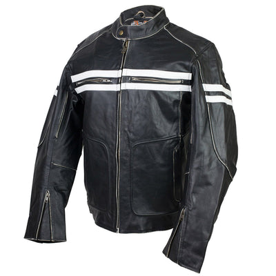 Vance Leather Vintage Motorcycle Leather Jacket with White Stripes