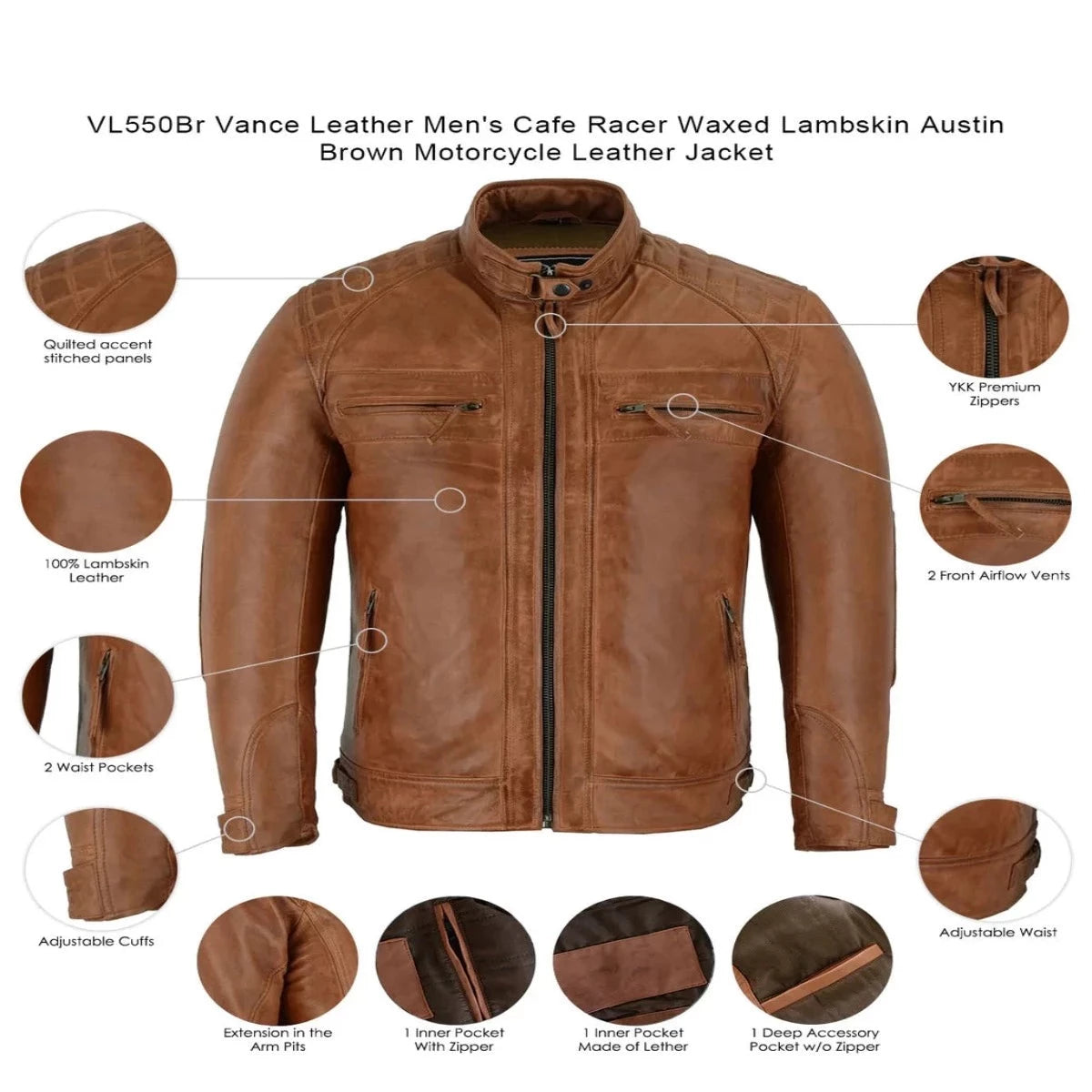 Men's Vance Cafe Racer Austin Brown Leather Jacket.