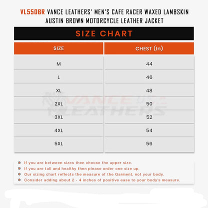 A chart showing the size of the Vance Cafe Racer Austin Brown Leather Jacket.