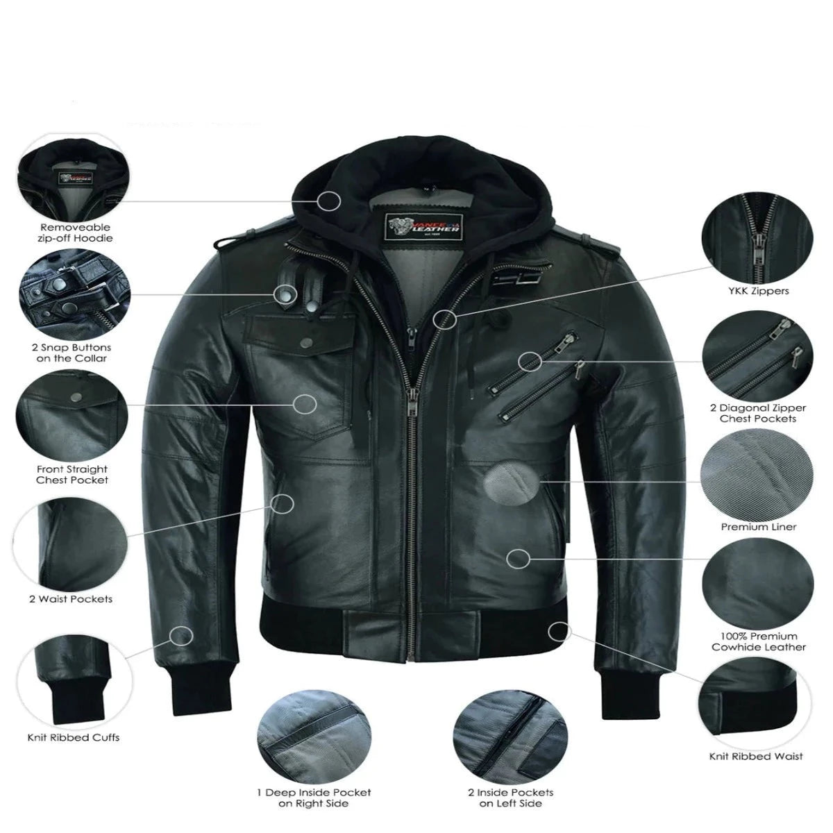 Vance Bomber Cowhide Leather Jacket with Removeable Hood