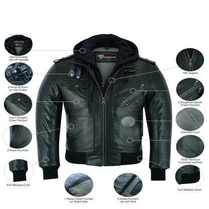 Vance Bomber Cowhide Leather Jacket with Removeable Hood