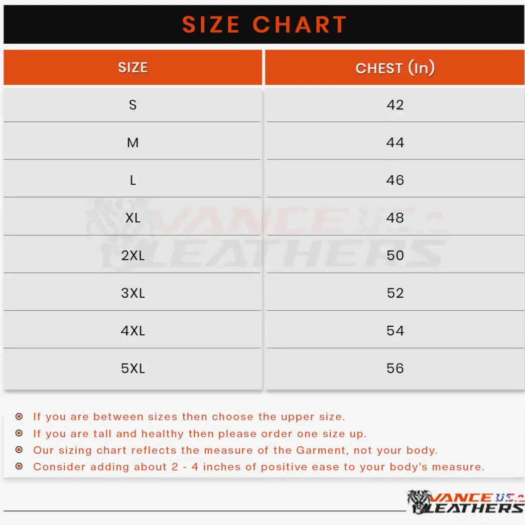 Size chart displaying sizes S to 5XL with corresponding chest measurements in inches ranging from 42 to 56. Additional notes include guidance on sizing and suggested size adjustments based on body measurements, ideal for pairing with our Vance Men's Premium Brown Leather Perforated Gloves for a perfect fit.