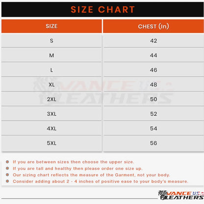 Size chart displaying sizes S to 5XL with corresponding chest measurements in inches ranging from 42 to 56. Additional notes include guidance on sizing and suggested size adjustments based on body measurements, ideal for pairing with our Vance Men's Premium Brown Leather Perforated Gloves for a perfect fit.