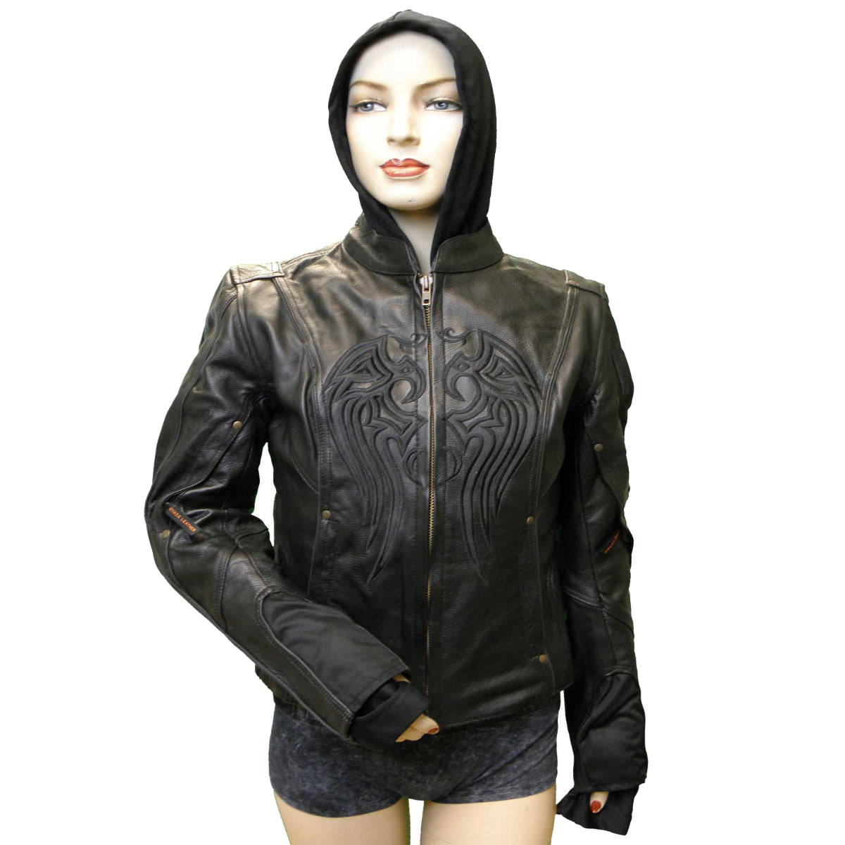 Vance Ladies Leather Jacket with Embroidery and Removable Hoodie