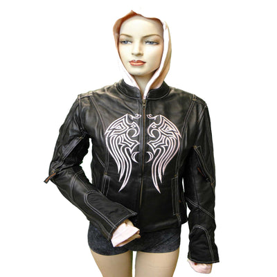 Vance Ladies Leather Jacket with Embroidery and Removable Hoodie