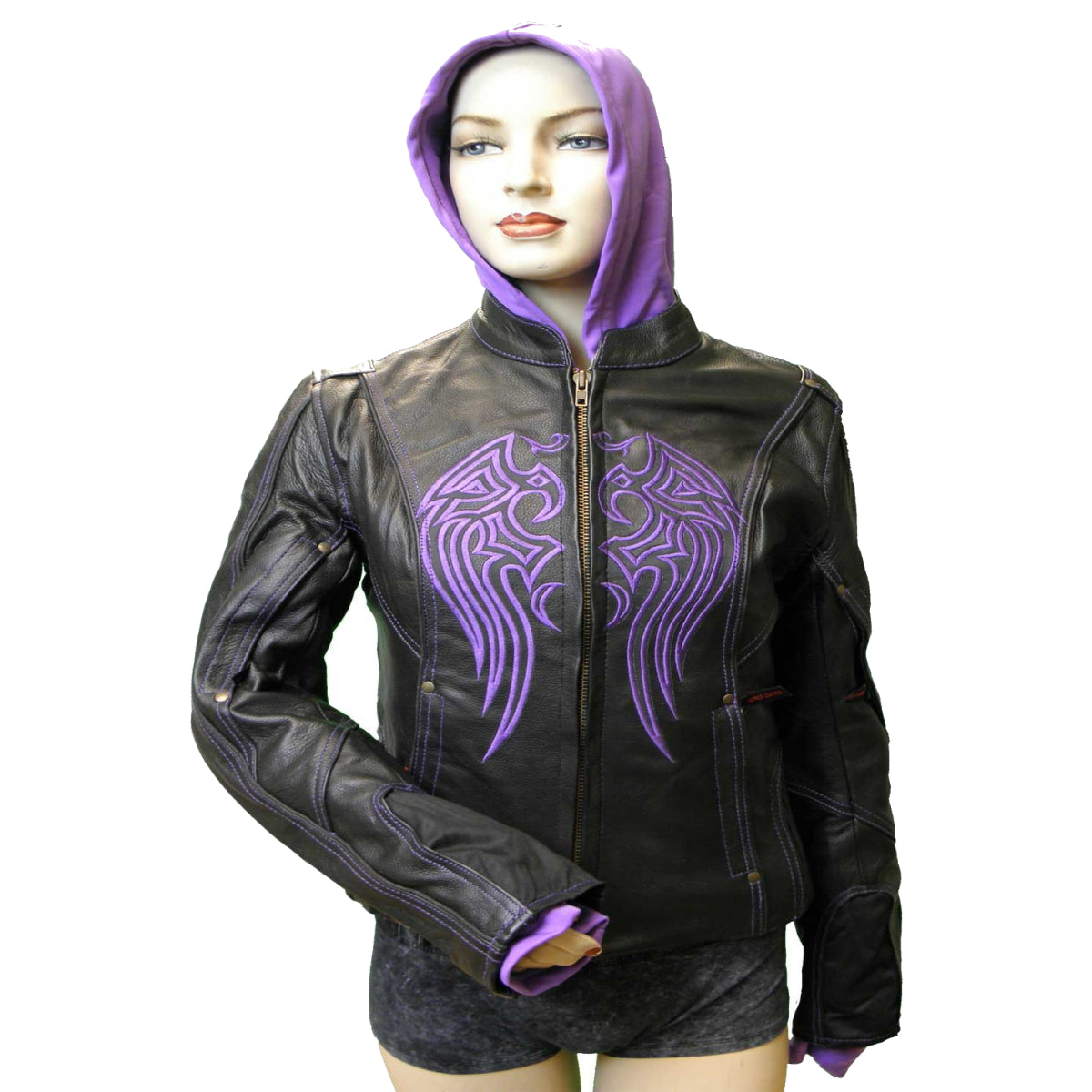 Vance Ladies Leather Jacket with Embroidery and Removable Hoodie