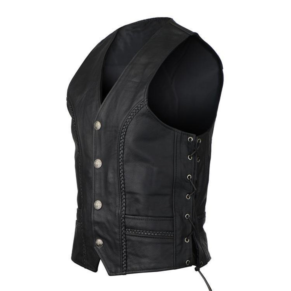 Vance Leather Buffalo Nickel Leather Motorcycle Vest with Braids and Side Laces