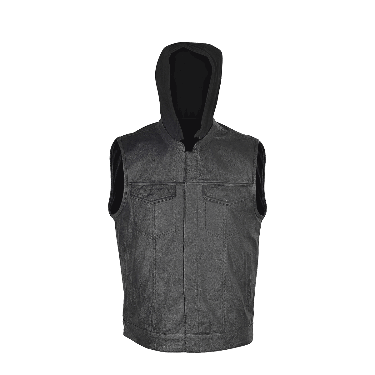 Vance Zipper and Snap Closure Leather Motorcycle Club Vest with Hoodie and 2 Gun Pockets