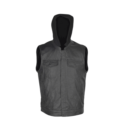Vance Zipper and Snap Closure Leather Motorcycle Club Vest with Hoodie and 2 Gun Pockets