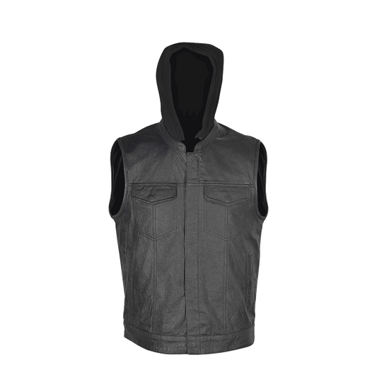 Vance Zipper and Snap Closure Leather Motorcycle Club Vest with Hoodie and 2 Gun Pockets