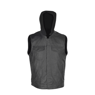Vance Zipper and Snap Closure Leather Motorcycle Club Vest with Hoodie and 2 Gun Pockets