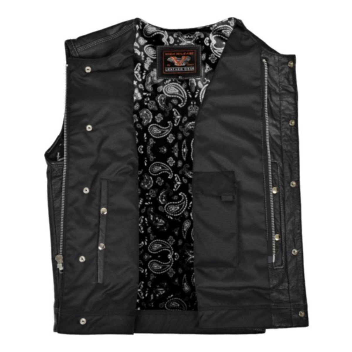 Vance Men's Zipper and Snap Closure Leather Club Vest Quick Access Gun Pocket w/ Paisley Liner