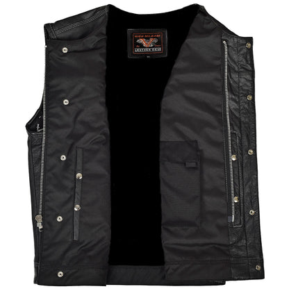 Vance Men's Zipper and Snap Closure Leather Club Vest Quick Access Gun Pocket w/ Grey Stitching