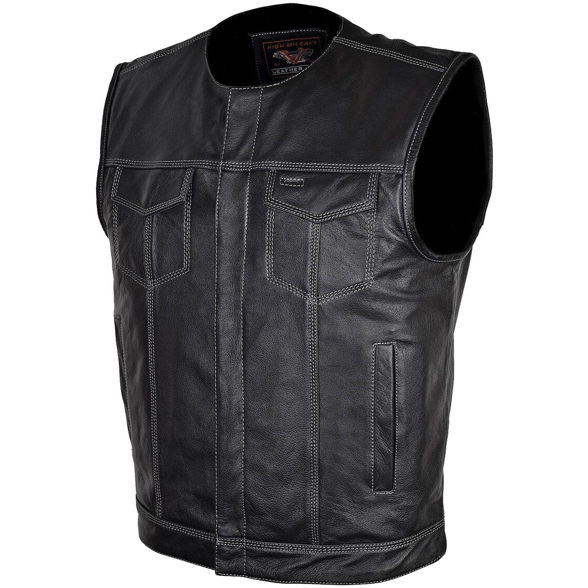 Vance Men's Zipper and Snap Closure Leather Club Vest Quick Access Gun Pocket w/ Grey Stitching