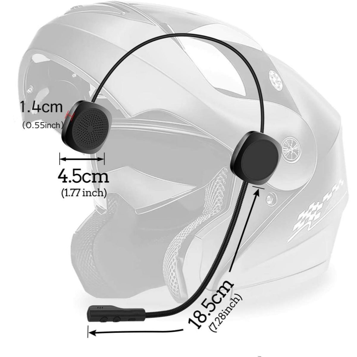 A diagram illustrating the measurements of a motorcycle helmet equipped with a Moto Helmet Bluetooth Wireless Headset.