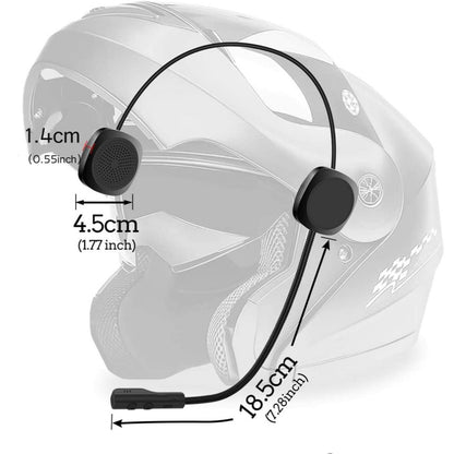 A diagram illustrating the measurements of a motorcycle helmet equipped with a Moto Helmet Bluetooth Wireless Headset.