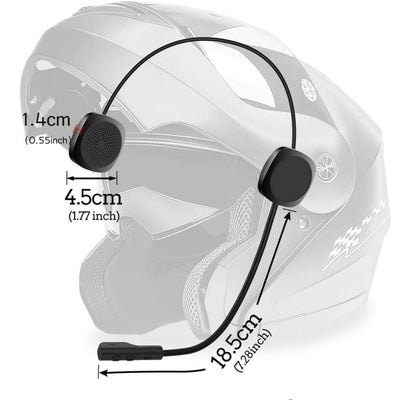 A diagram illustrating the measurements of a motorcycle helmet equipped with a Moto Helmet Bluetooth Wireless Headset.